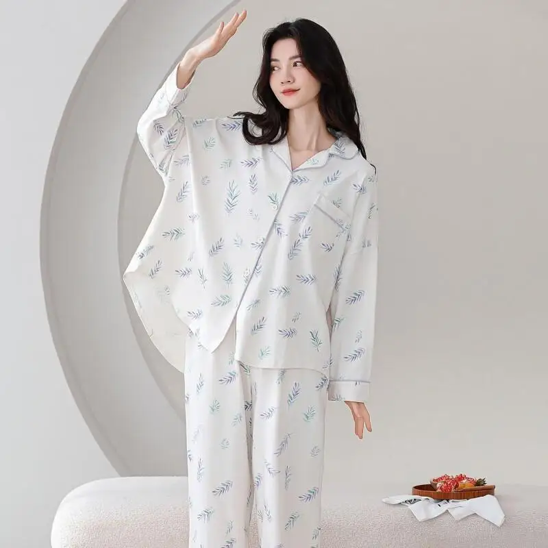 

Новый популярный женский пижамный комплект из чистого хлопка для дома и улицы, весна-осень, с длинным рукавом, простой кардиган, стильная одежда для сна