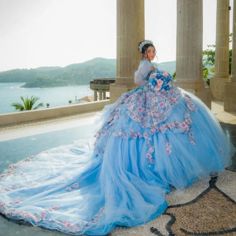 Błękitna suknia Quinceañera z odkrytymi ramionami, kryształkami, brokatem, kwiatowymi aplikacjami, warstwowa, z długim trenem, vestidos de 15 Quinceañera ﻿ Dostosuj