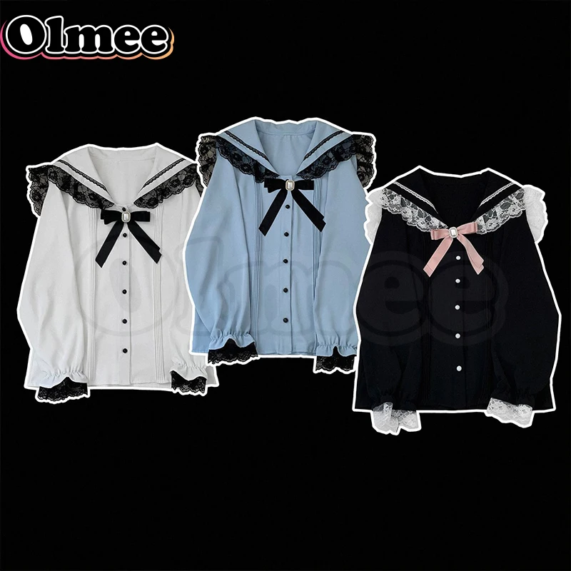 [Olmee] In Stock Jirai Kei Lace Sailor Girl Big Collar Girl Shirt Top Cosplay Ryousan Gata Lolita Mine Style Black Blue Layer