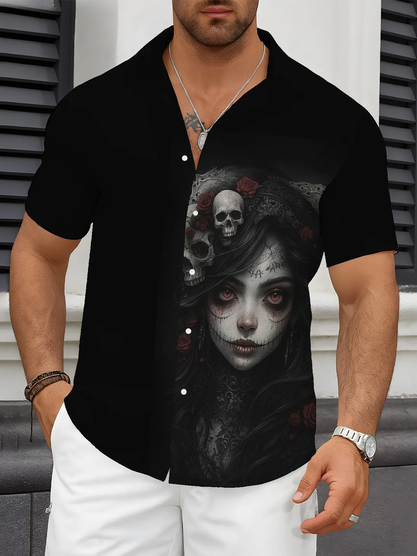 Men's Shirt Short Sleeve Gothic Sugar Skull Lady Print Button Down Loose Casual Beach Holiday Streetwear Top Men Clothes