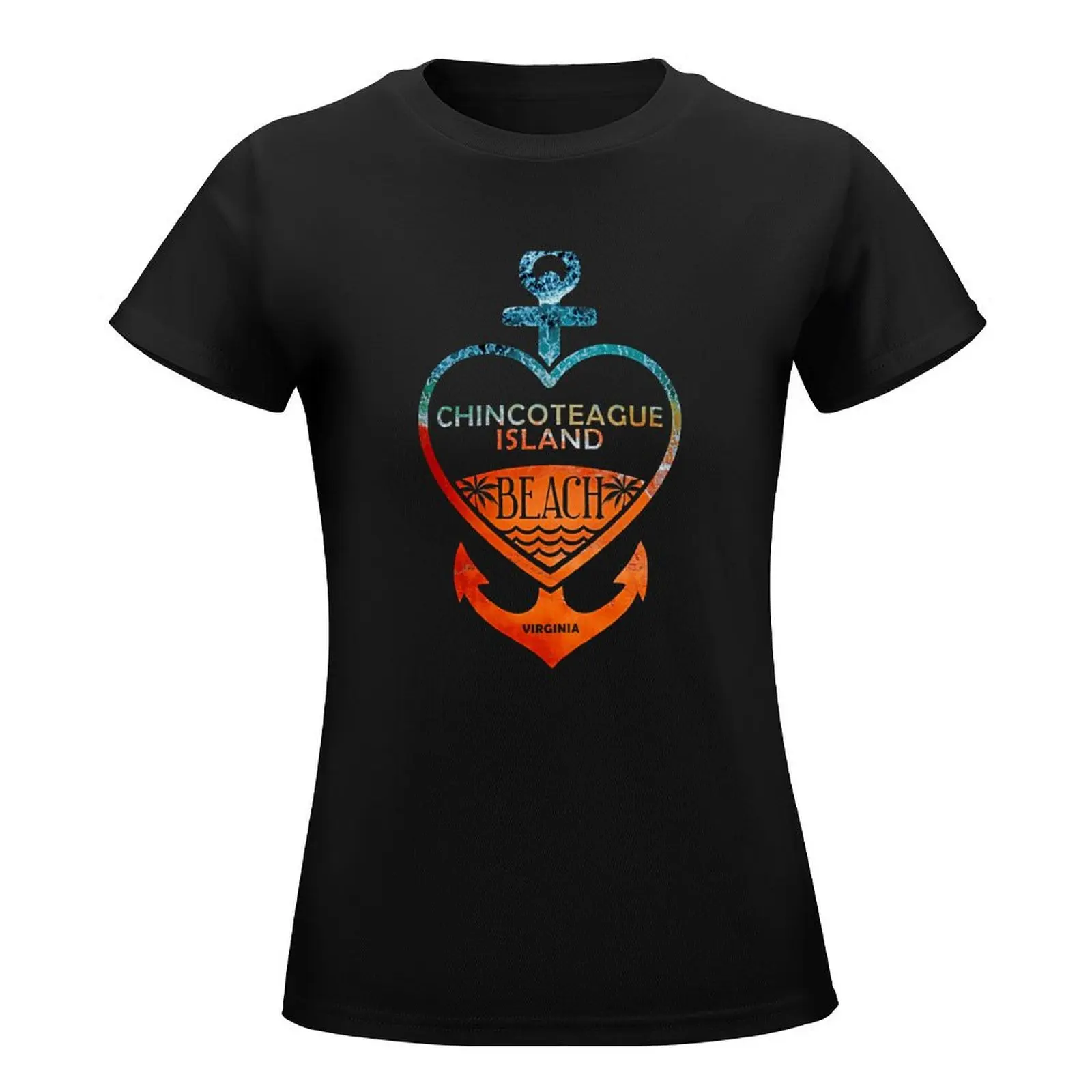 Chincoteague Island Beach, Virginia, Sandy Heart Ship Anchor T-Shirt quick drying Blouse summer tops black t shirts for Women