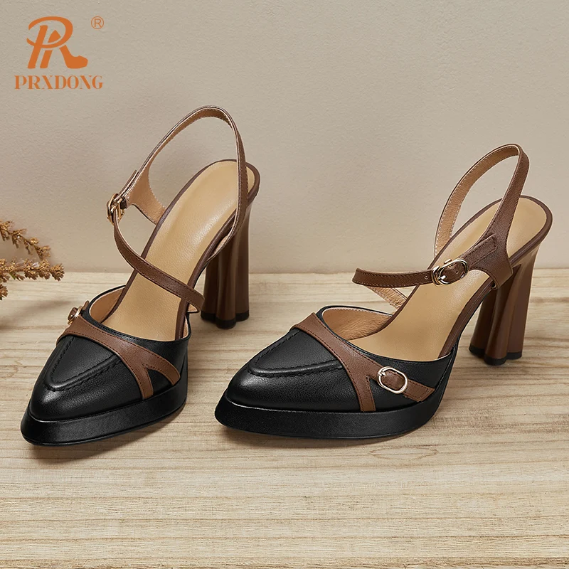 PRXDONG Women\'s Shoes New Genuine Leather Summer Dress Party Office Lady Pumps High Heels Platform BlacK Beige Retro Female 39