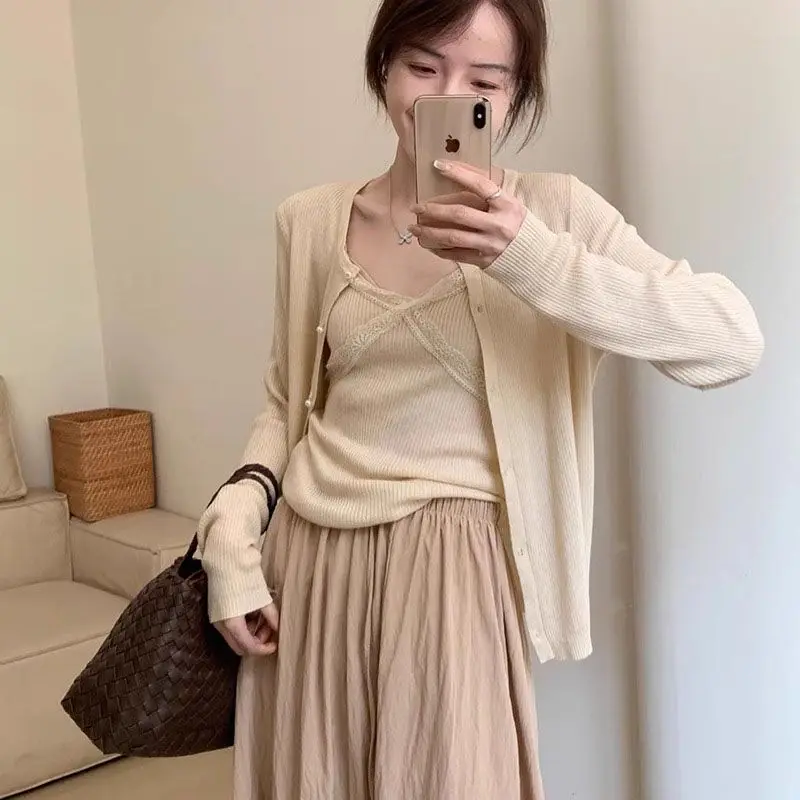 시크한 브이넥 긴 소매 레이스 트림 니트 오픈 가디건 투피스 세트 여성용 캐주얼 봄 가을 순색 상의