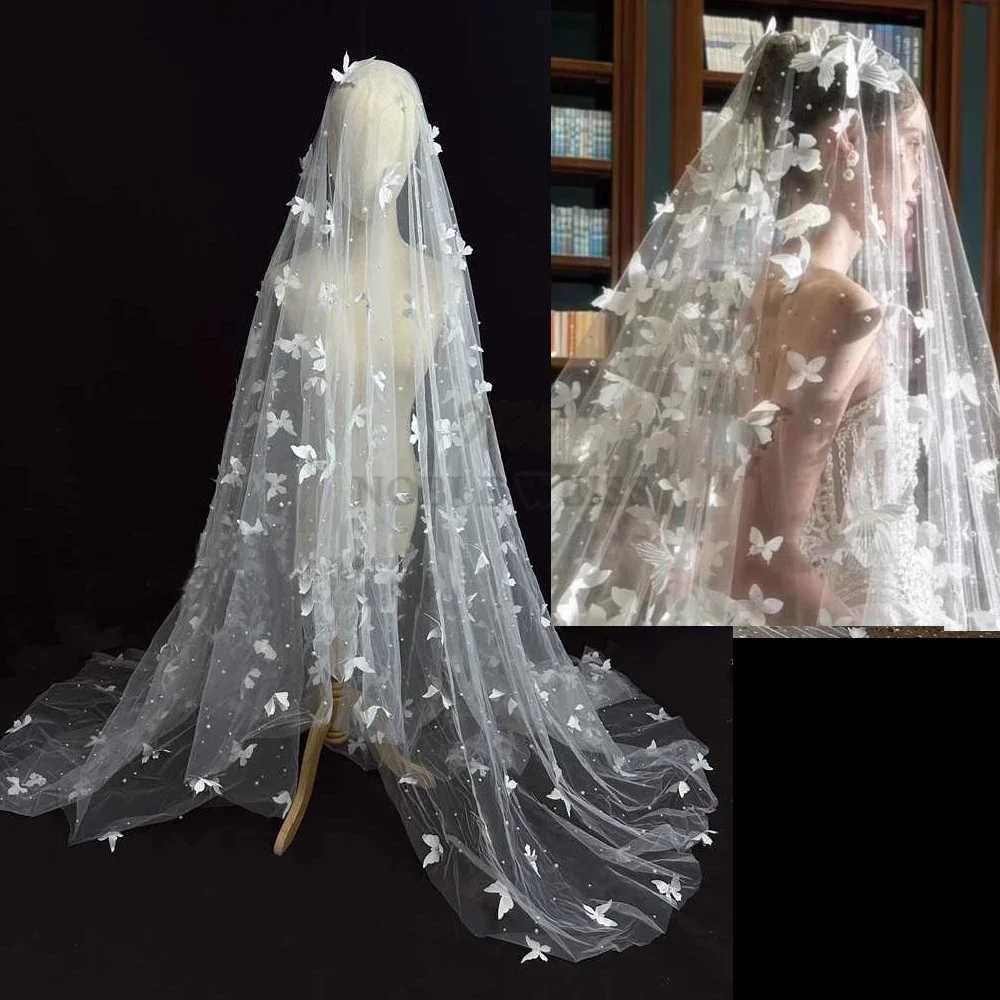 Butterfly Wedding Veil Pearls Bridal Veils 1T Bride Veil Without Comb One Layer Customized