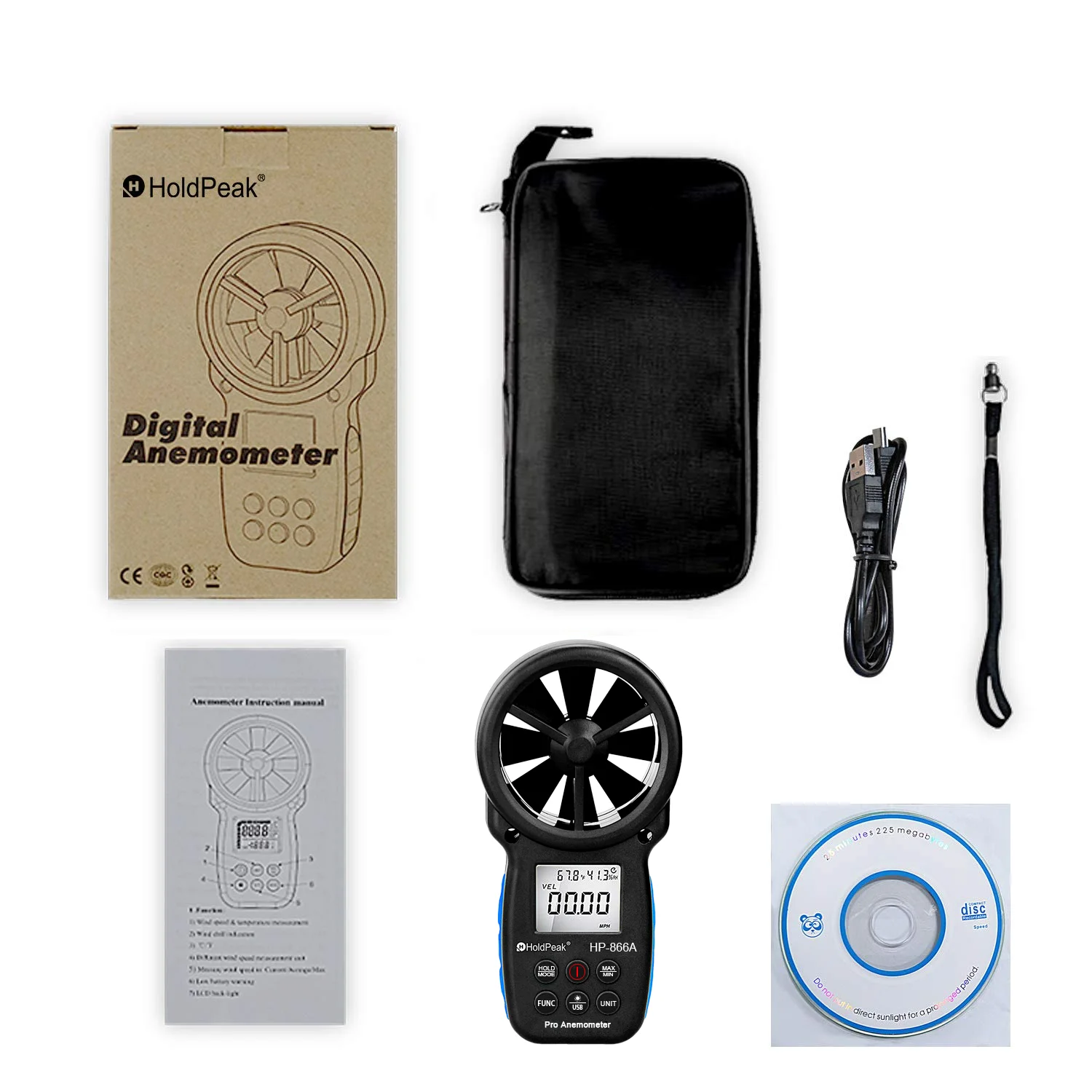 Imagem -06 - Holdpeak-anemômetro Digital Medidor de Velocidade do Vento Medida Temperatura Data Hold e Usb 866a