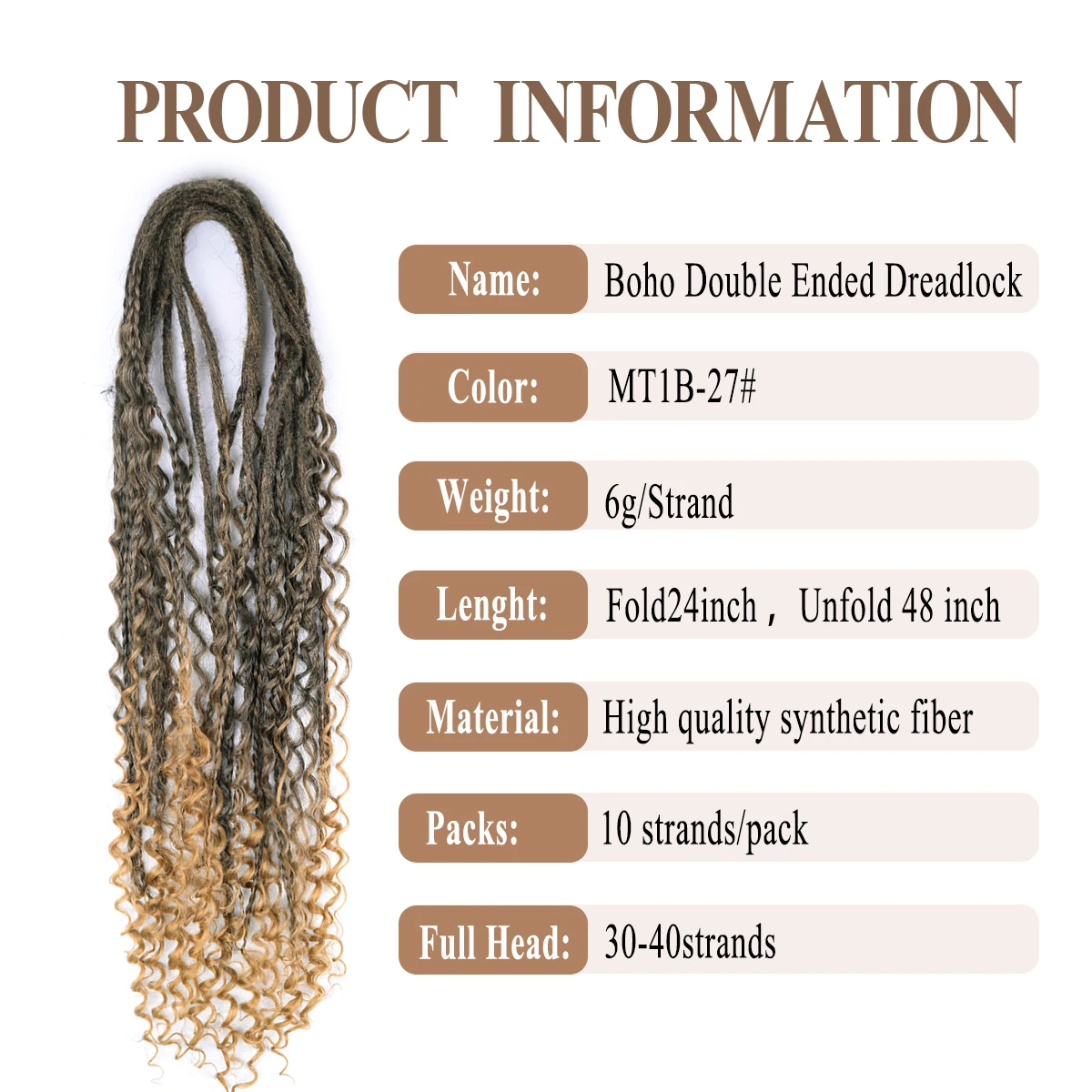 24inch Synthetic Double Ended Dreadlock Handmade Boho Braids Hair Crochet For Rock Roll Hippie Style Hair Extensions For Women