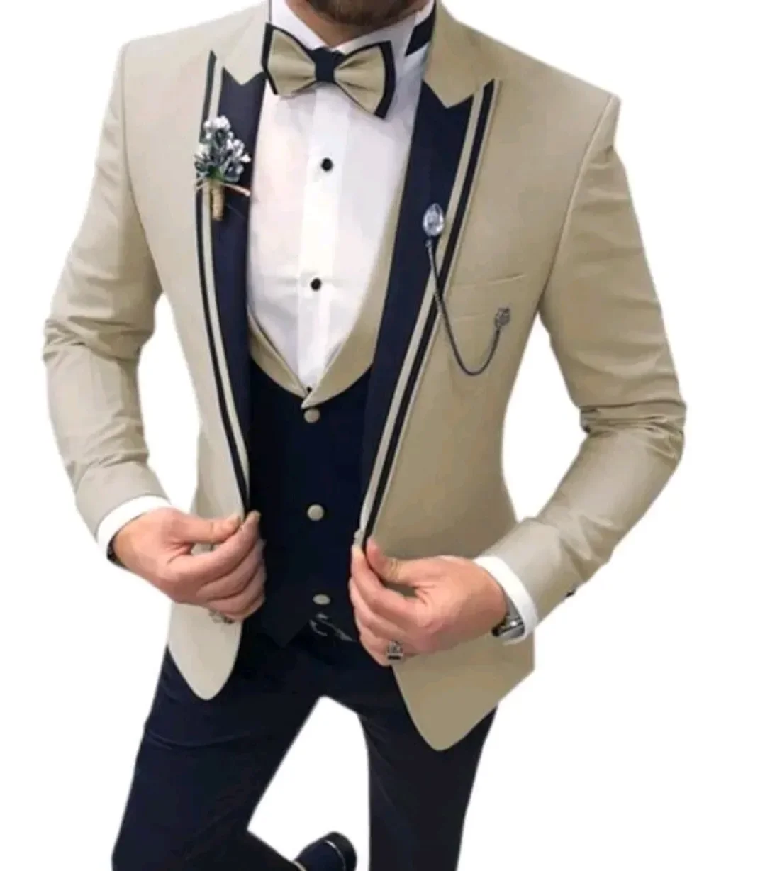 

Slim Fits Groom Tuxedos Peak Lapel Beige Wedding Clothing Party Prom Dress Dinner Business Suits Blazer