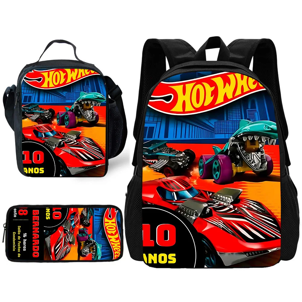 3 pcs set hot wheelss carChild School Backpack with Lunch Bags ,Pencil Bags ,School Bags for Boys Girls Best Gift