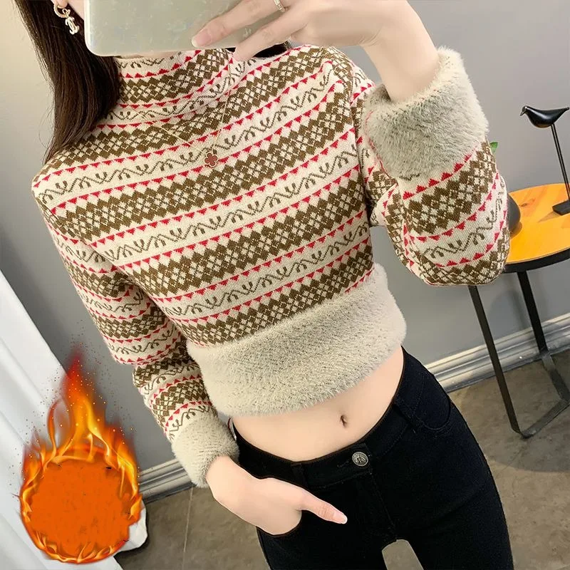 Autumn and Winter Women's Stripe Colored Half High Collar Long Sleeve Slim Pullover Fleece Underlay Fashion Casual Vintage Tops