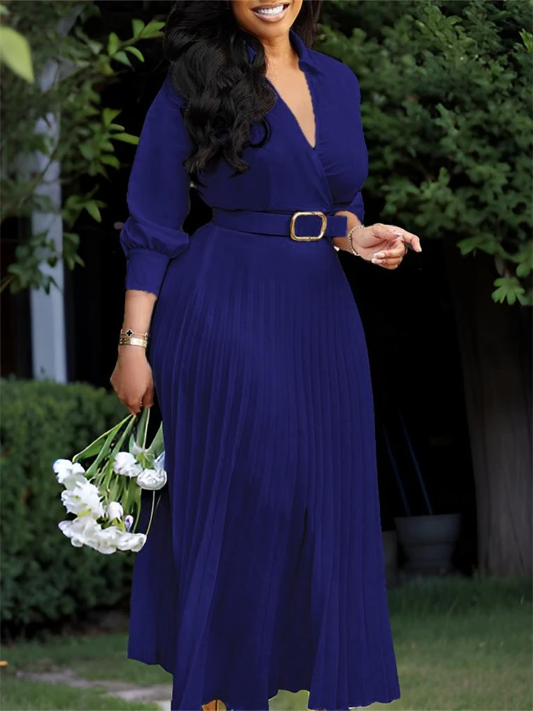 3XL Plus Size Dresses for Women Autumn Outwear Blue Long Evening Dresses Solid Robe Large Dress V Neck Half Sleeve Party Dresses