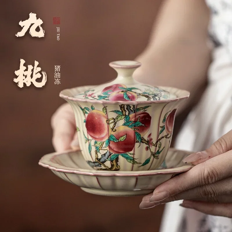 150ML Lard Frozen Ru Kiln Nine Peach Successfully Cover Bowl Ceramic Hover Cover Bowl Household Retro Kung Fu Tea Bowl Ornaments