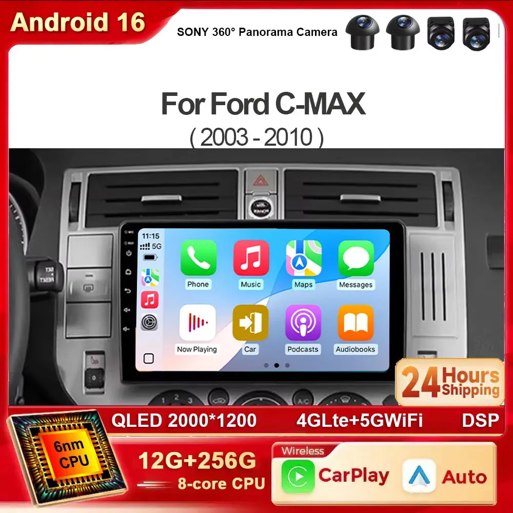 Android 16 für Ford C-MAX 2003 - 2010 Carplay Auto Autoradio Multimedia-Videoplayer Navigation GPS Kein 2 Din DVD DSP 4G+WLAN