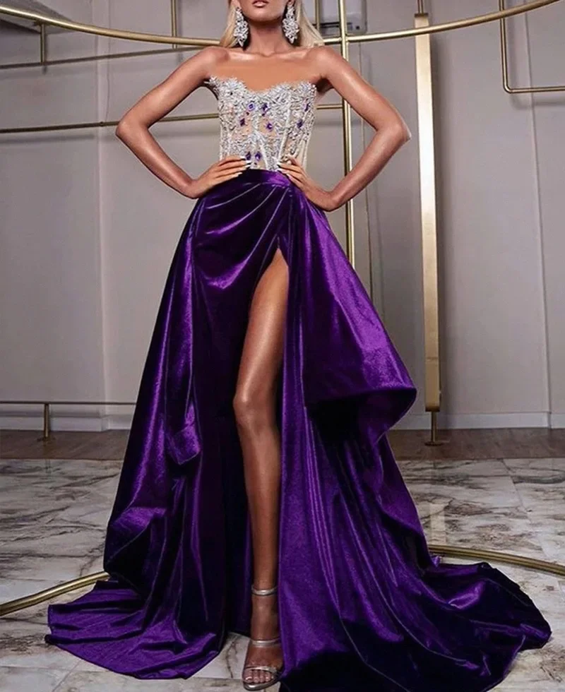 

2024 new Sequin Strapless banquet dress buttocks Beaded purple evening dress Patty dress