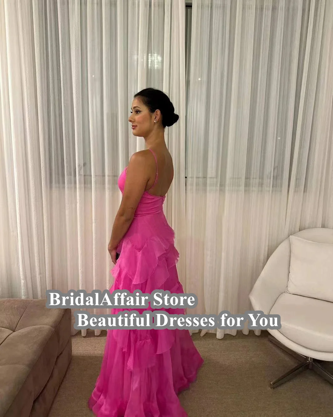 BridalAffair Fuchsia Tulle Party Dresses Sexy Backless A-line Tiered Prom Gowns Halter Formal Occasion Dresses Vestidos De Gala