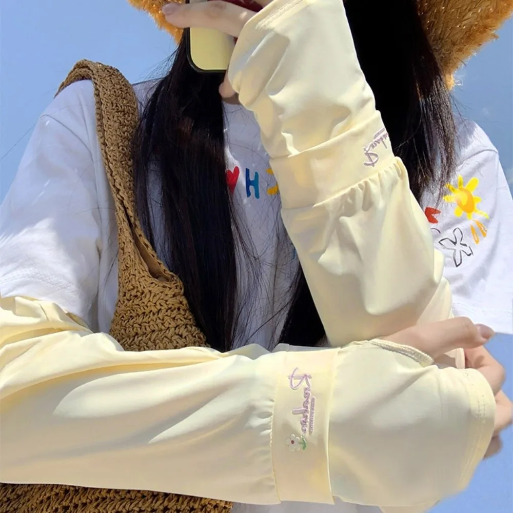 花刺繍入りロングアイスシルクスリーブ腕保護弾性日焼け止めアームカバー薄いUV遮断サイクリンググローブ運転用