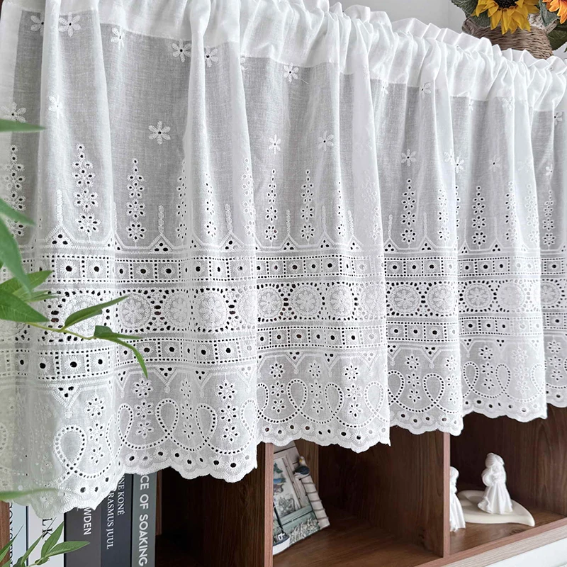 European Simple and Exquisite Hollowed Flower Embroidery Cafe Curtain White Elegant Cloth Short Curtain For Kitchen Cabinet