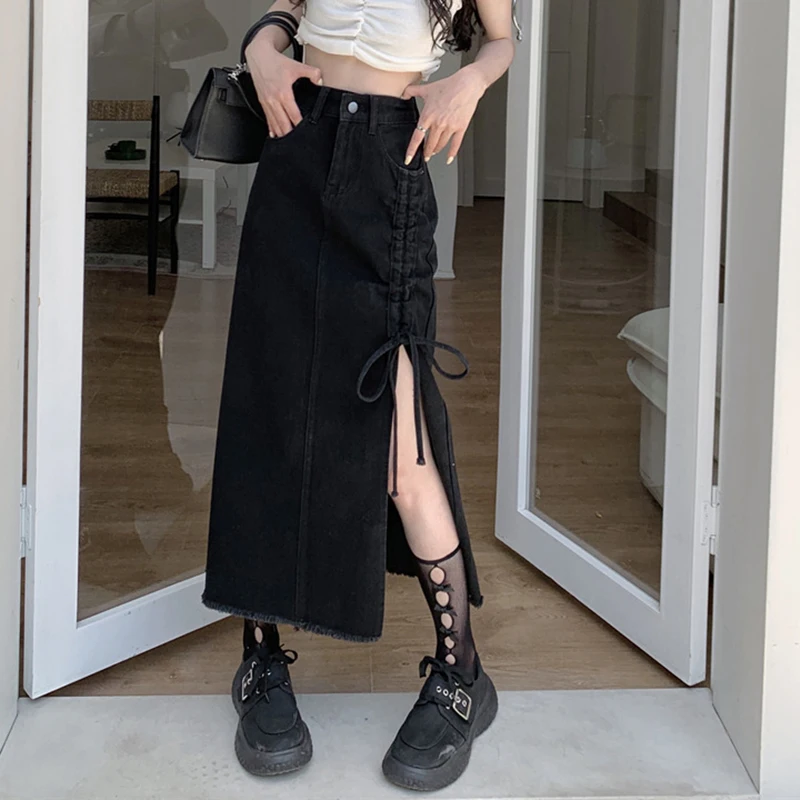 Y2K High Waist Women Jeans Skirts Korean Fashion Bandage Female Tassel Midi Skirts Summer Casual Streetwear A Line Skirts