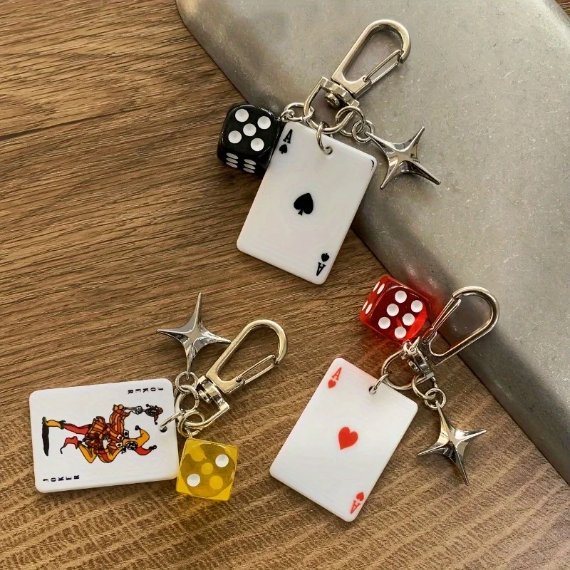 1Pc Funny Playing Dice Poker Keychain Playing Card Backpack Pendants Waist Bag Car Key Charms Accessories Birthday Gifts