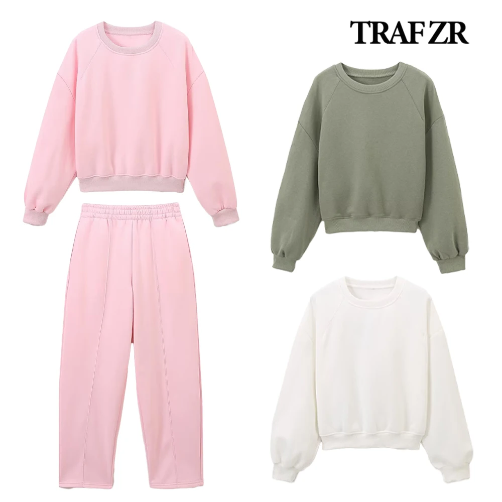 

TRAF ZR Ensemble Femme 2 Pieces Outfits Basic Plush Normcore Autumn Pants Sets O-neck Sweatshirt + High Elastic Waistband Pants