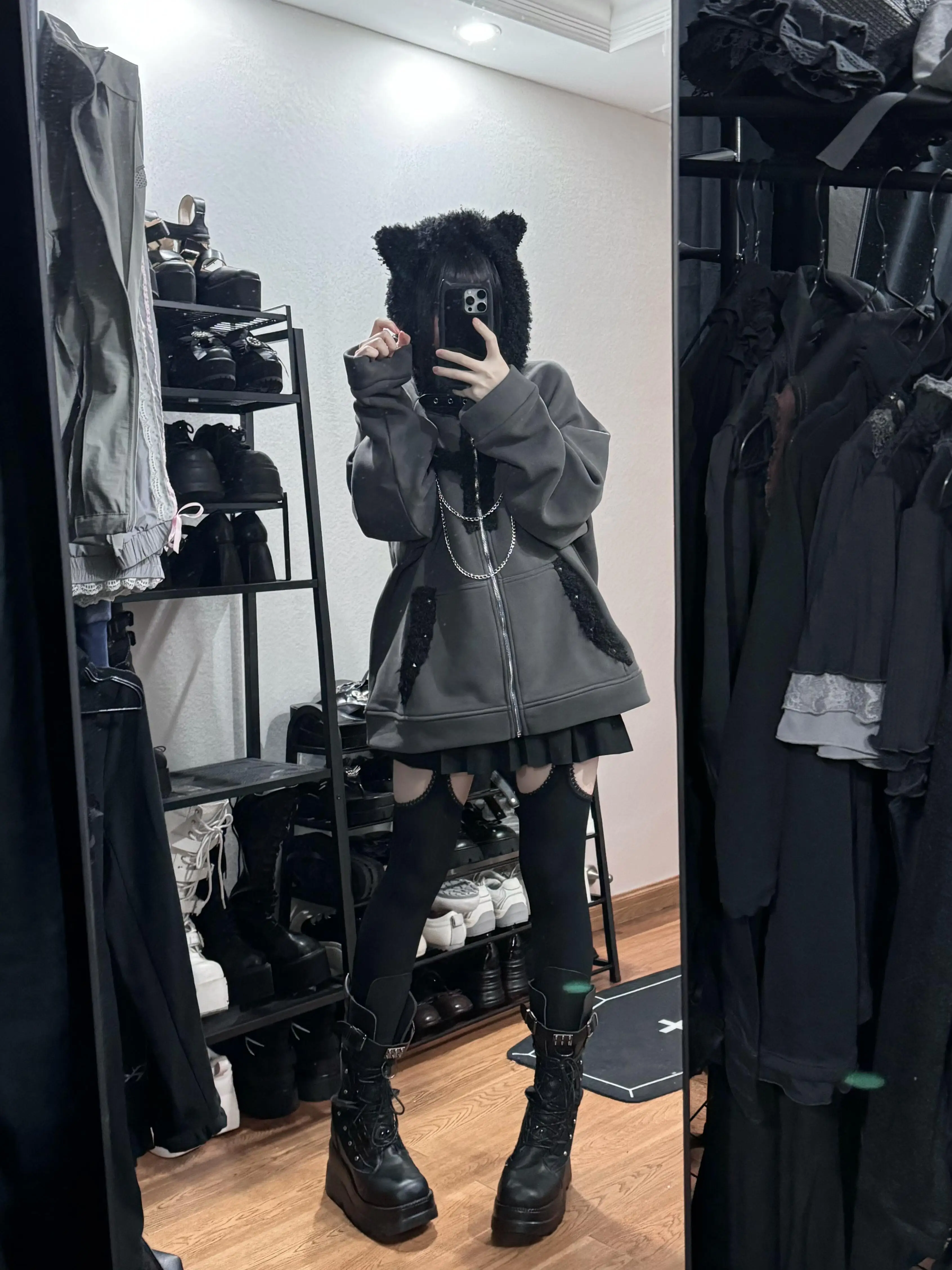 جديد الخريف Harajuku الأسود القط الأذن مقنعين طويلة الأكمام المعدنية الصليب البلوز معطف فتاة ساخنة فضفاضة سميكة الأزياء Kawaii معطف #4