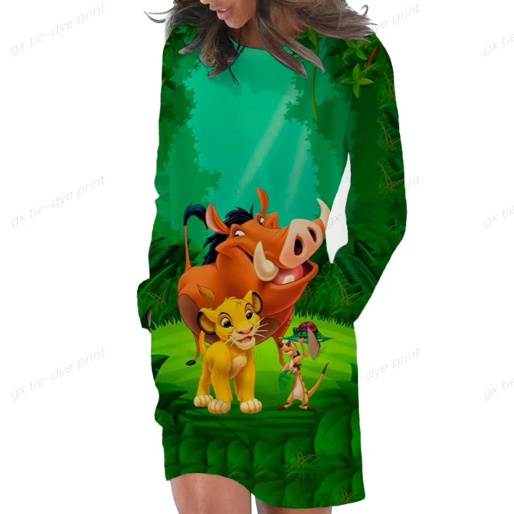 Disney Lion King Print Women\'s Long Sleeve Hooded Pockets Pullover Hoodie Dress Tunic Sweatshirt Sexy hip bag tight hoodie dress