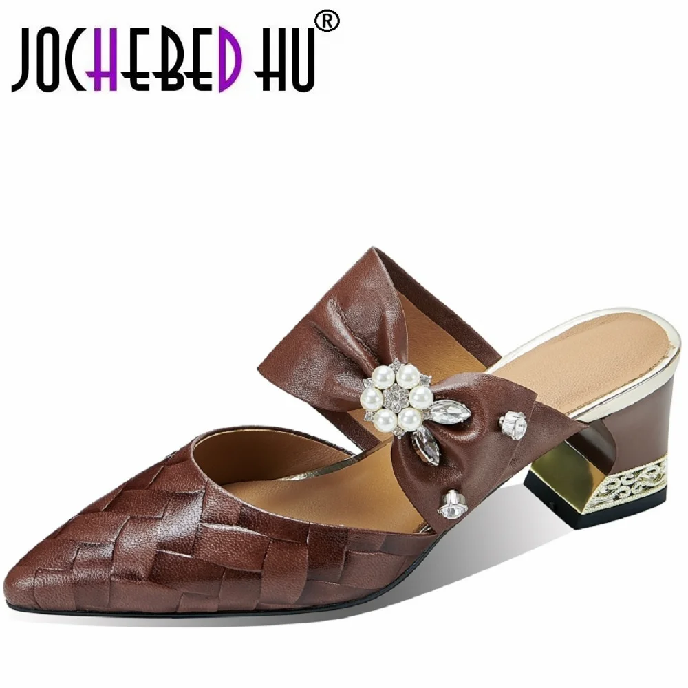 【JOCHEBED HU】Women Brand Genuine Leather Pointed Toe High Quality Hollow Out Spring Summer Square Heel Shoes Lady Pumps 34-42
