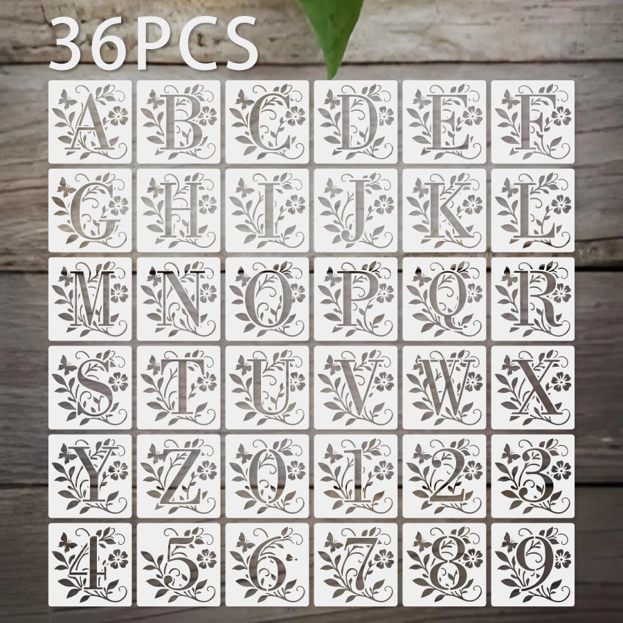36 قطعة 3.94 × 3.94 بوصة مجموعة استنسل الأبجدية والأرقام الأزهار، قوالب PET قابلة لإعادة الاستخدام لسكرابوكينغ والمجلات وصناعة البطاقات و #1