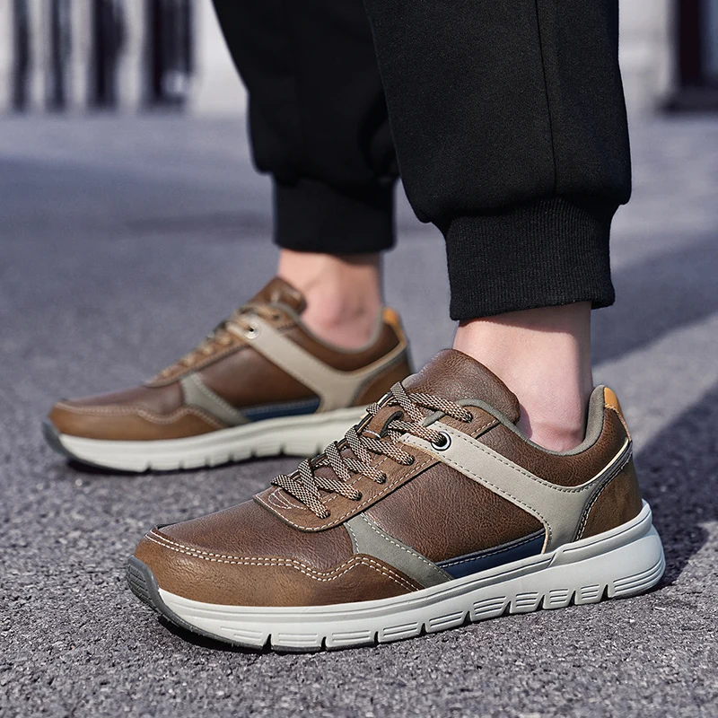 

Men's Lightweight Leather Patchwork Comfortable Classic Casual Sneakers Tie-Lace Everyday Versatile Sport Shoes