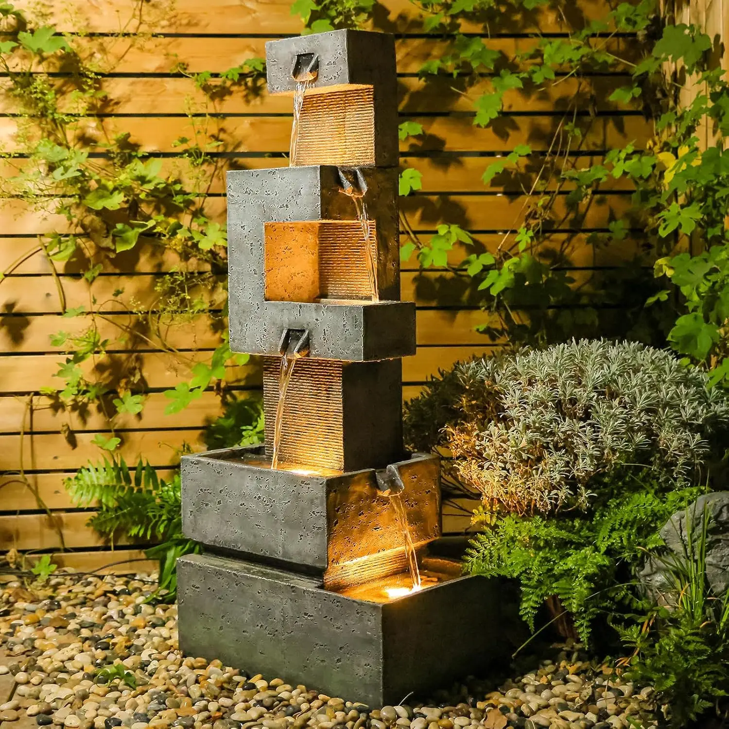 

47H Modern Outdoor Water Fountain with LED Light Garden Cascading Waterfall Feature for Indoor or Outdoor Cascading, Customized