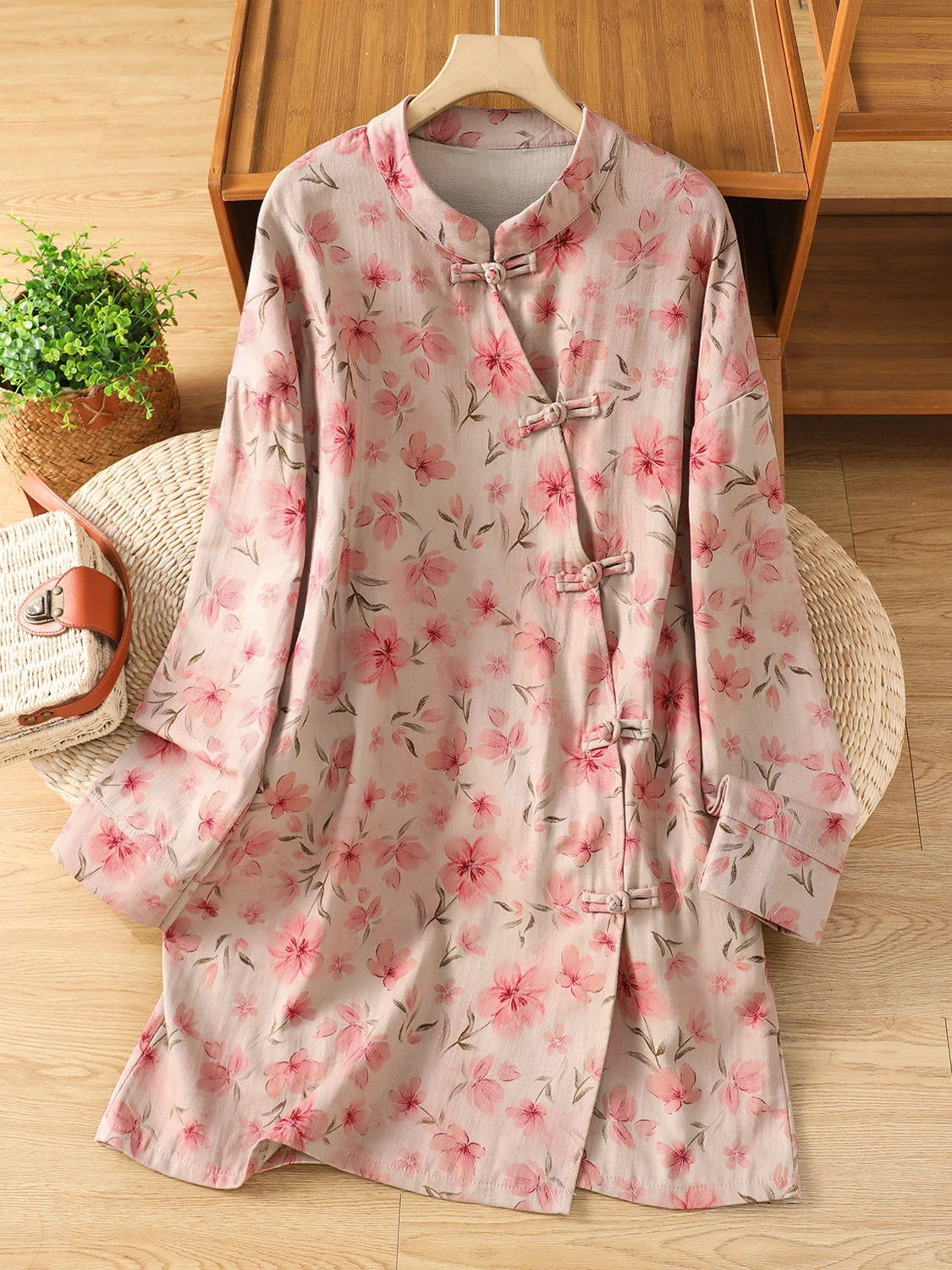 

Chic Large Size Women's irt Long Sve Stand Collar Printed Mid-Length Casual Tea Costume Top Asymmetrical Slit Vintage Sle