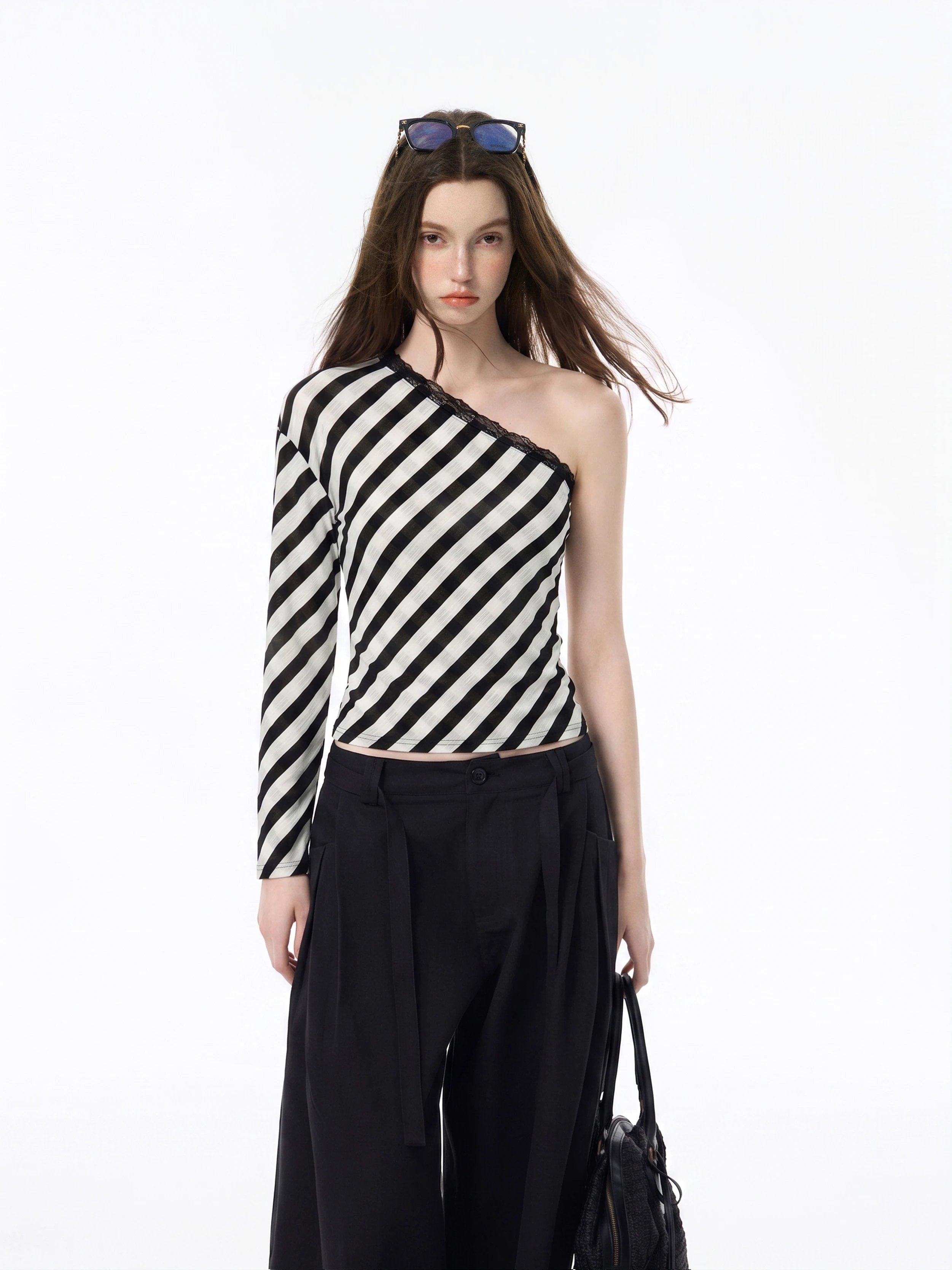 Summer Women's Long Sleeve T-Shirt Striped Shoulder Bared Sun Protection Lace  Design Short Top Korean Style Commute Fashion