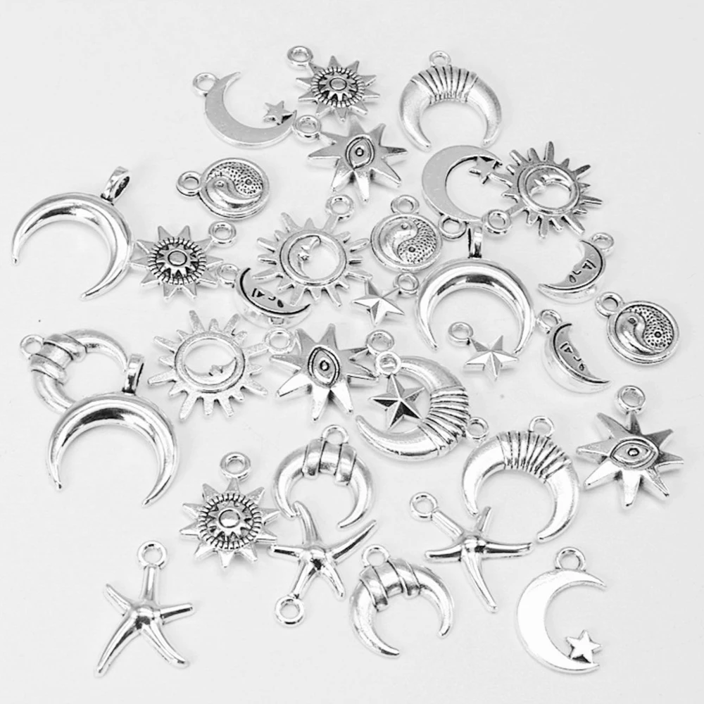 30/pcs Vintage Mixed Metal Sun Moon Star Charms Beads Handmade DIY Bracelet Pendant Necklace Clips Jewelry Making Findings