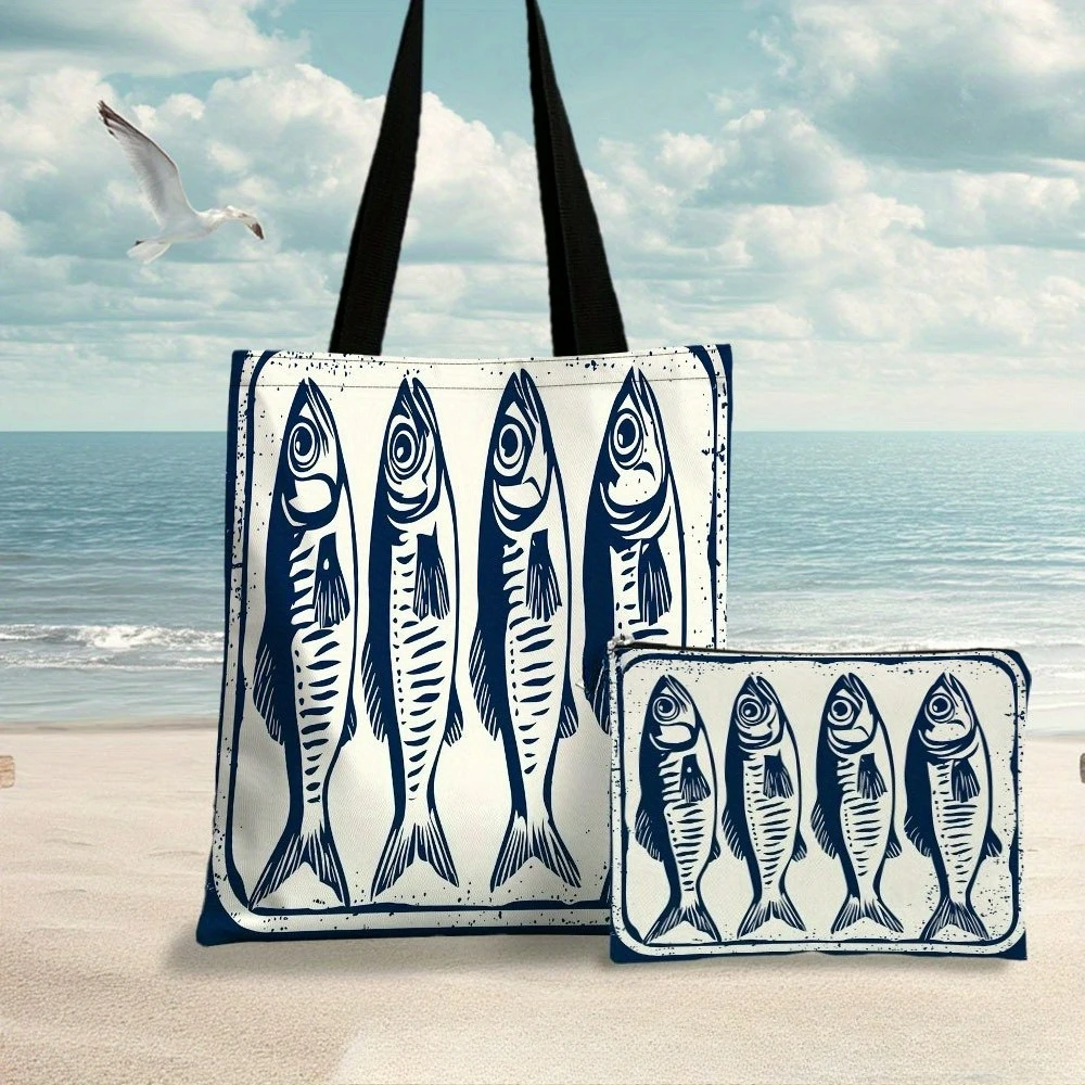 Sardine Artwork Blue White Tote Bag Beach Bags Makeup Bag Vibrant Design Spacious Shopping Bag Shoulder Bag Travel toiletry Bag