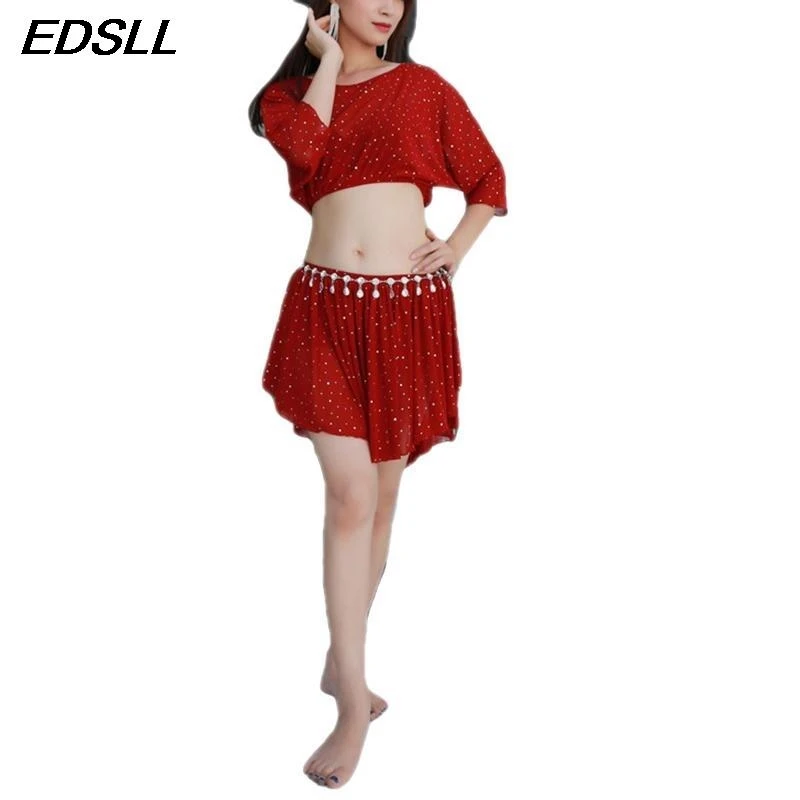 Women Belly Dance Performance Suit Sexy Crop Top+ Glitter Mini Skirt Costume Set Adult Oriental Indian Dance Practice Suit