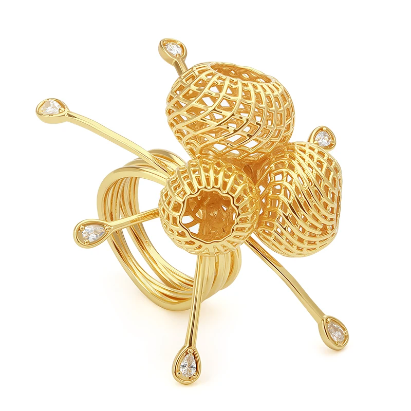 IVOG Einzigartiges Design Hohle Kugelförmige Blumenringe Luxuriöser Dubai Brautschmuck Narzissen-Fingerring für Damen Hochzeitsfeier