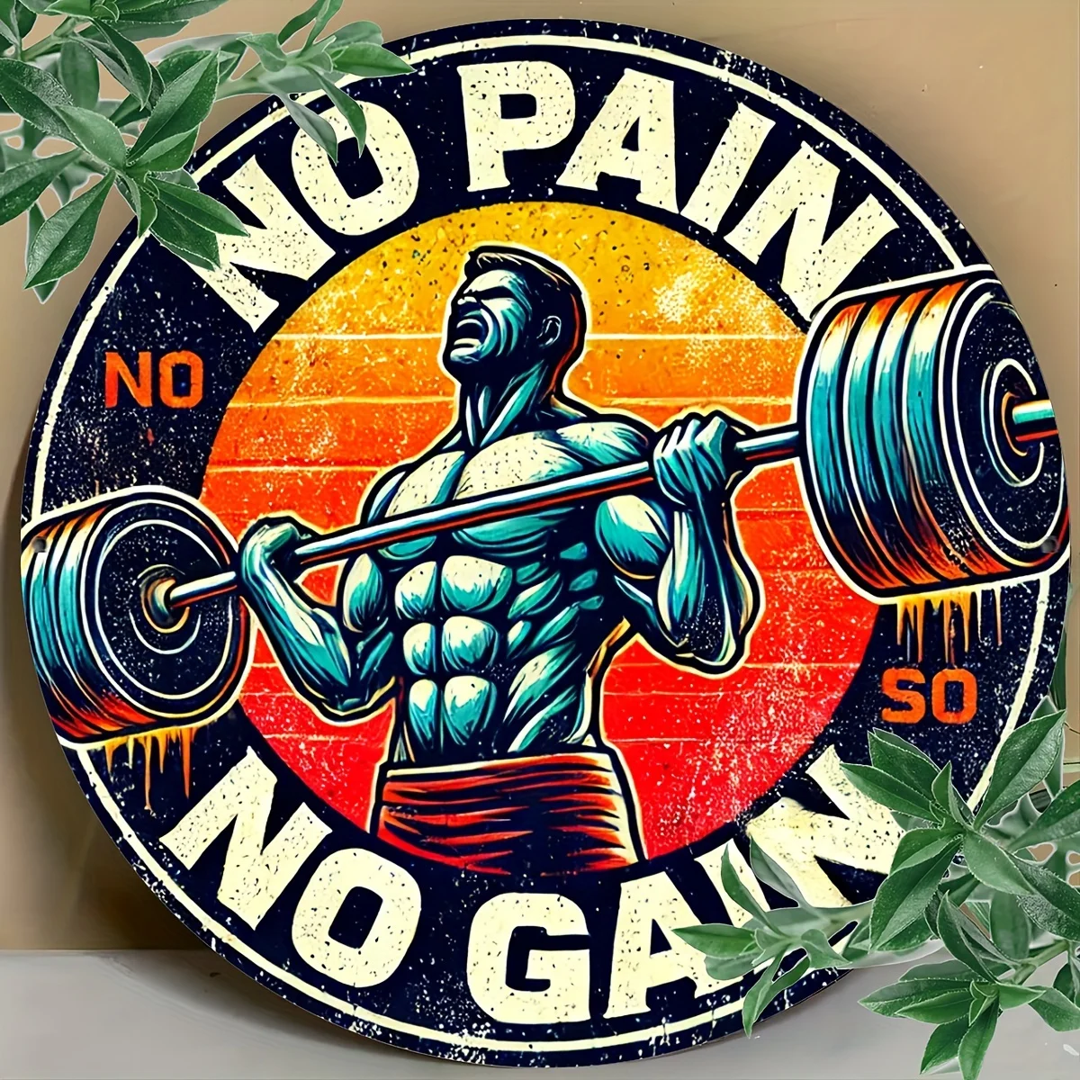1 Stück Vintage-inspiriertes „No Pain No Gain“ Aluminium-Wandkunstschild – 20,3 x 20,3 cm rundes motivierendes Fitness-Dekor mit Hantel-Design –