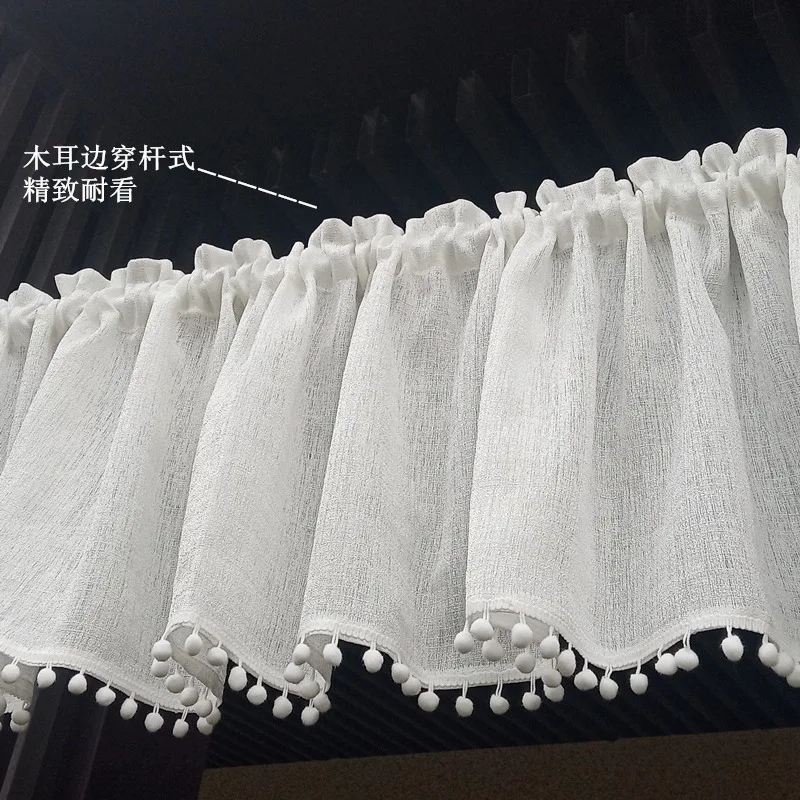 White pompom Small Roman Tulle Curtains for Kitchen Living Room Short Curtain Sheer