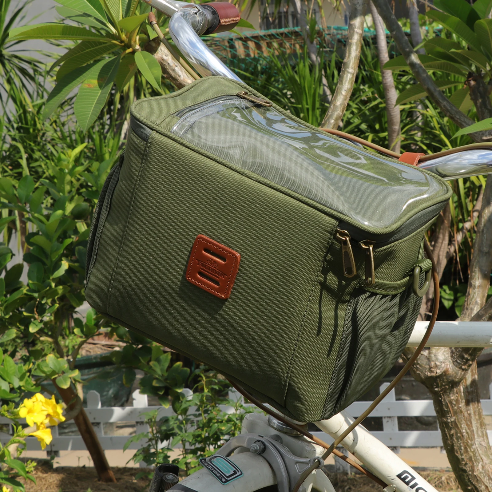 

Tourbon Bike Front Handlebar Bag Bicycle Basket Bag Nylon Shoulder Pack Waterproof Green Cycling Accessories