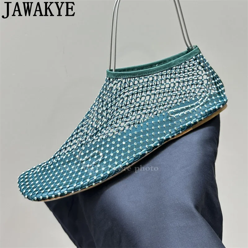 Inlaid Rhinestone Mesh Hollow Flat Shoes Women Sexy Trendy Fishing Net Flat Bottom Sandals Summer Hot Sale Ethnic Walking Shoes