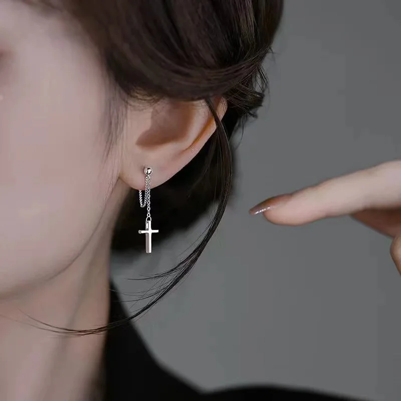 2 Pcs Punk Silver Color Cross Drop Earrings for Women Men Gothic Hip Hop Long Tassel Hanging Earring Jewelry Gift Bijoux image 4