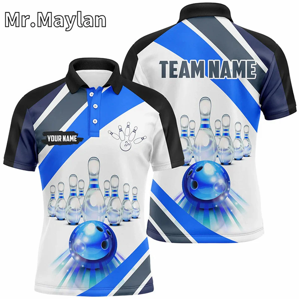 3D Blue Light Bowling Polo Shirt For Men Custom Bowling Ball And Pins Team League Jerseys Outfits Gift For Bowlers Unisex Tops