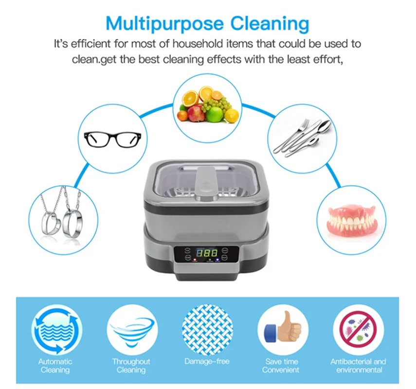 Ultrasonic Cleaning 1200ml Large Capacity Glasses Jewelry Ring Watch Medical Equipment Split Type Cleaner With HD Display