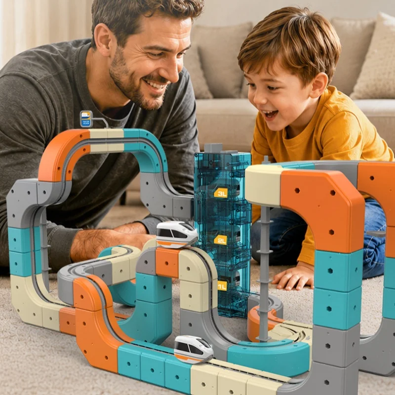 DIYMulti Floor Assembled Building Block Rail Track with Lift Elevator Multi Layer Staircase Rail Toy Halloween Birthday Gift