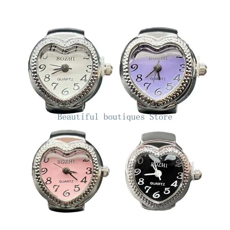 U4LF Heart Shape Ring Watch for Women Men Analog Quartz Watch Arabic Numerals Dial Elastic Band Finger Clock Valentines Day