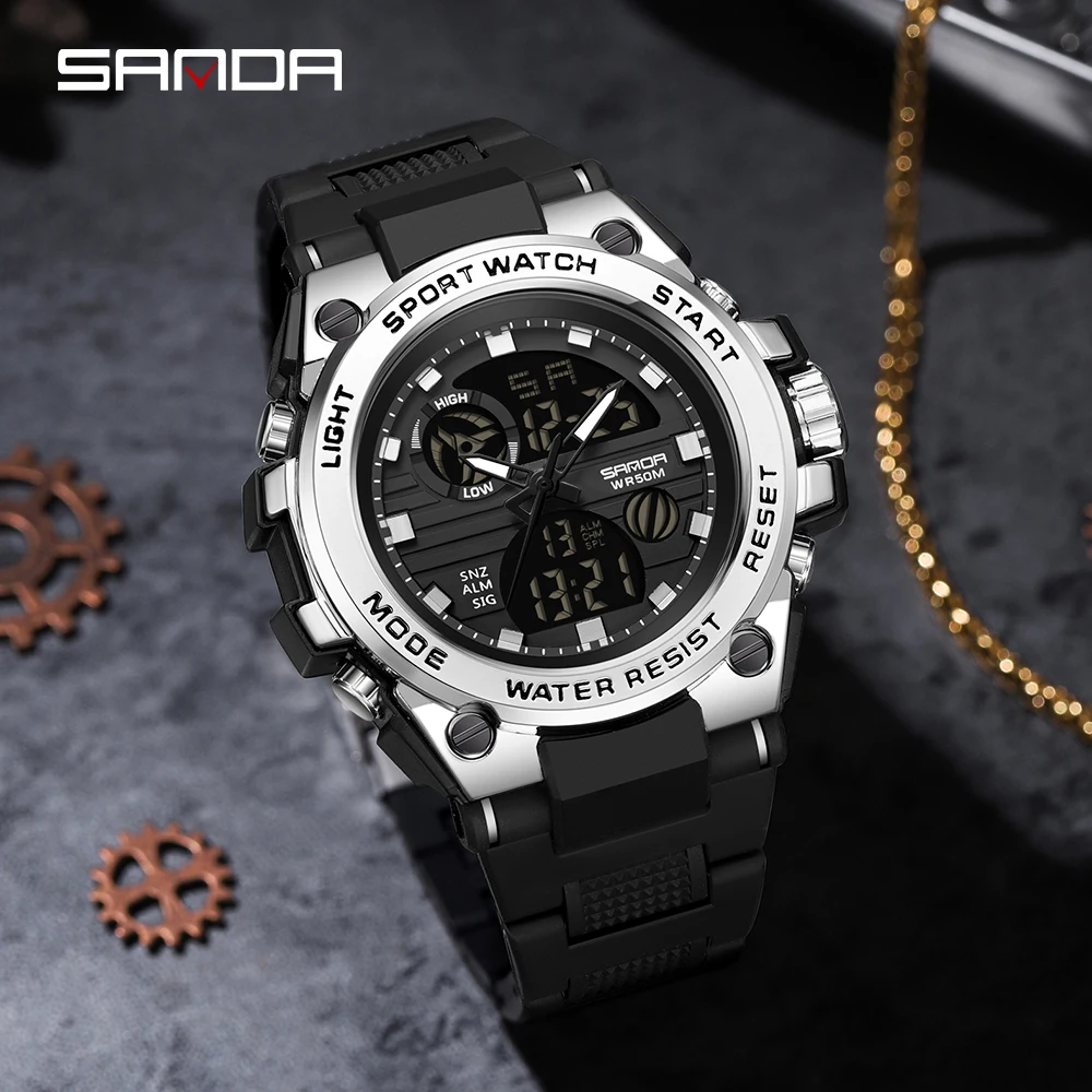 SANDA 2023 Sports Military Men's Watches Dual Display Analog Digital Quartz Wristwatches 50M Waterproof Relogios Masculino 9011