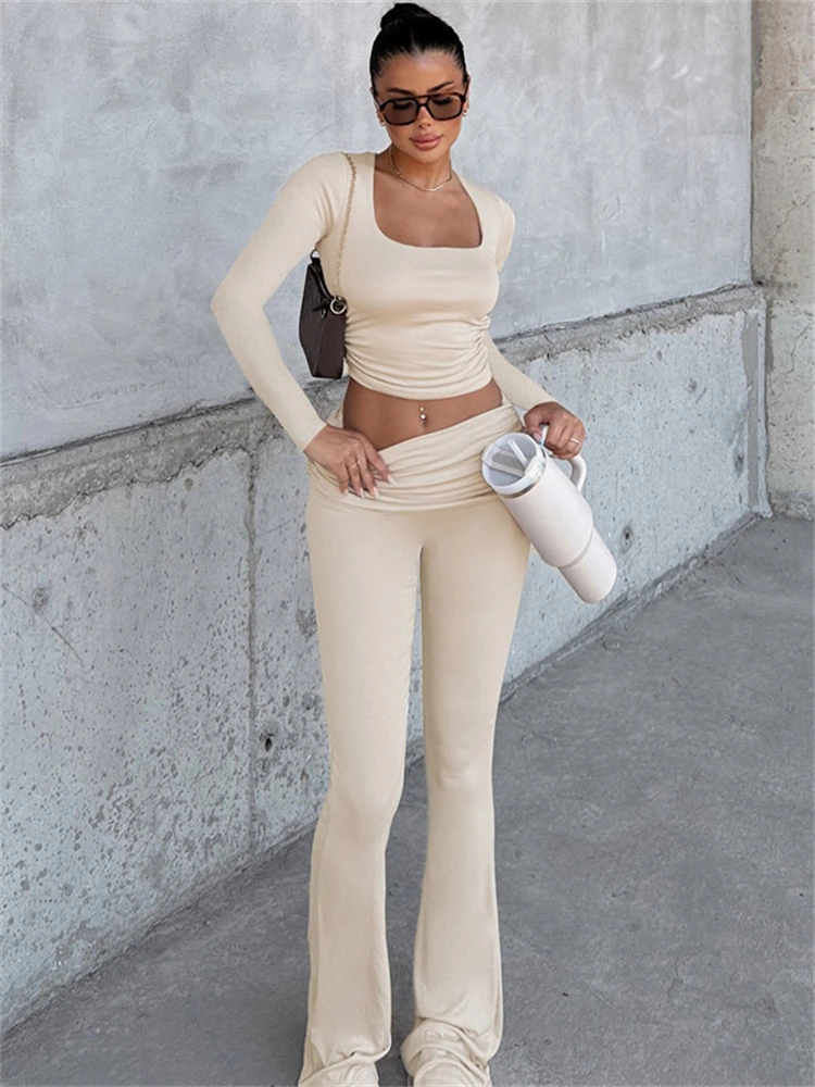 Absobe Solid Pleated Crop Top Flare Pants Leisure Suit Women Long Sleeved Tight Trousers 2 Piece Set Autumn/winter Street Outfit