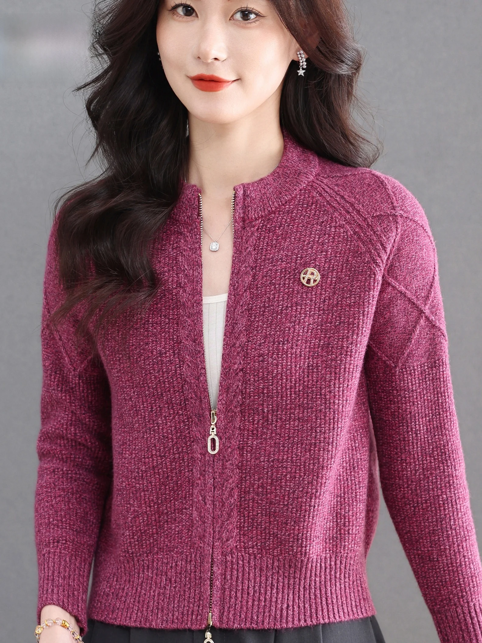 

Spring Autumn ort Knitted Open Cardigan Women's Loose Slimming Faionable Sweater Jaet round Ne Zipper Mom's Clothing