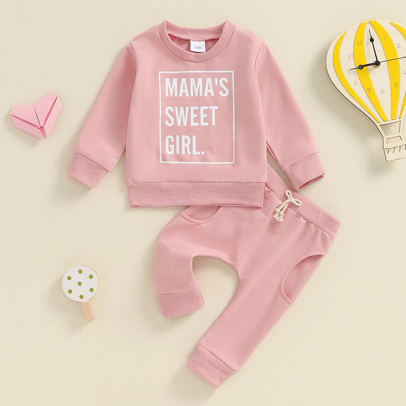 2024-05-26 Lioraitiin Baby Girl 2Pcs Fall Outfits Classic Letter Print Long Sleeve Pullover + Pants Set Toddler Clothes