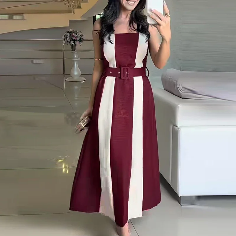 

New Fashion Color Blocked Women Party Dress Sexy Square Neck Sleeveless Commuter Dress Lady Elegant Loose Suspender Long Dresses