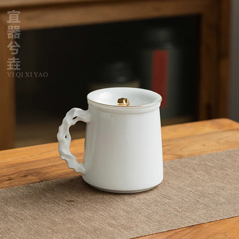 Sweet white glazed the Taihu Lake Shimak cup with cover filter white porcelain tea cup household ceramic water cup office tea